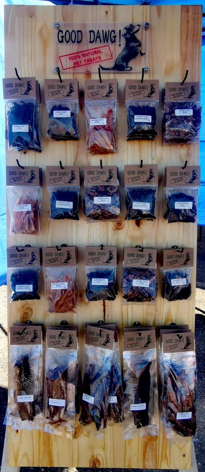 Good Dawg premium retail display featuring single-ingredient, air-dried dog treats, wholesale for South African pet shops and vets.